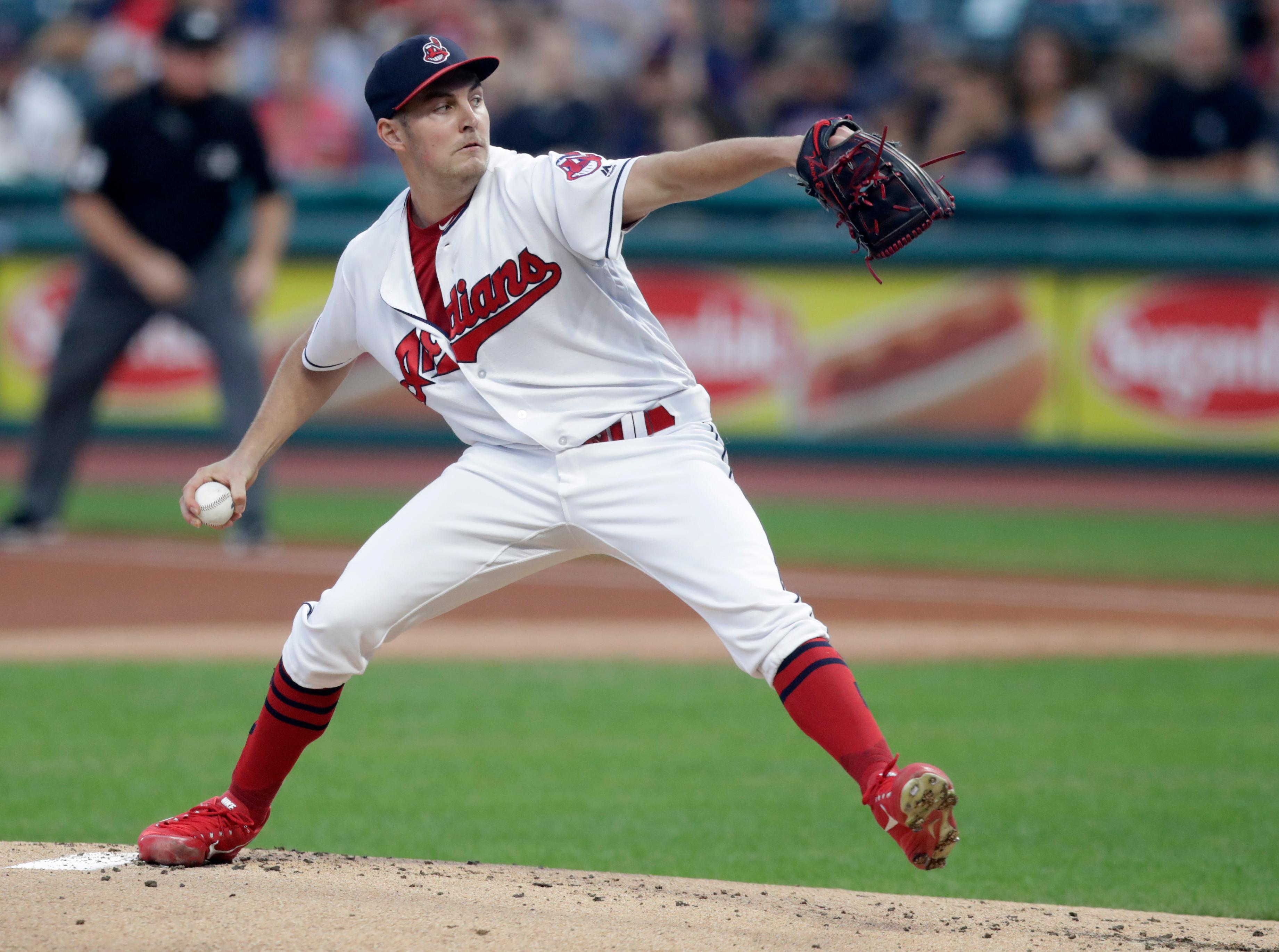cleveland indians starting pitcher trevor bauer delivers in the